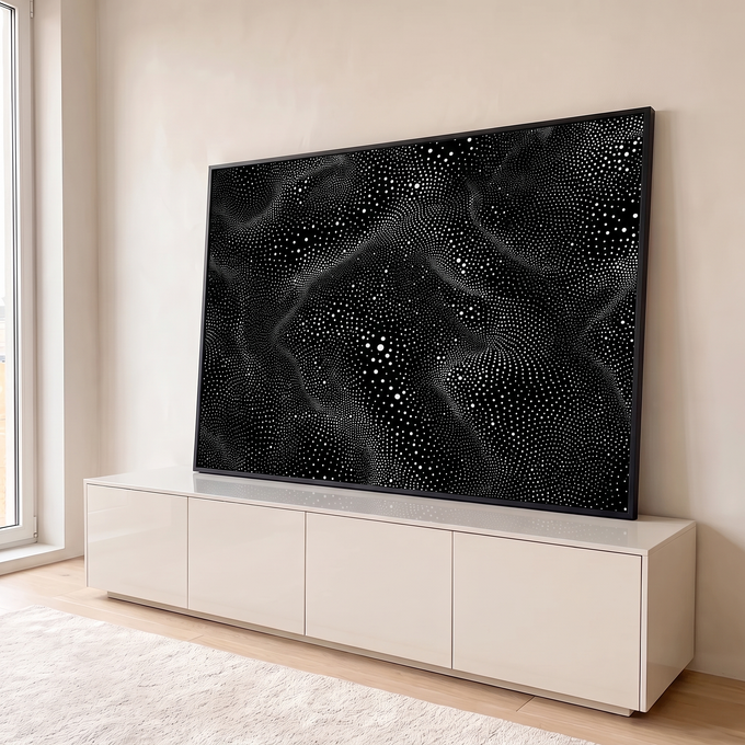 Quadro Decorativo Grande Pontos Brancos para Sala Preto | quadros decorativos para sala | padrão de pontos brancos formando ondas sobre fundo preto em estilo meio-tom | em Quadros para Sala | Porao dos Quadros