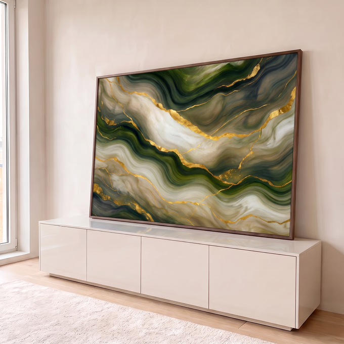 Abstrato em ondas de mármore verde oliva e creme cortadas por veios dourados, quadro decorativo