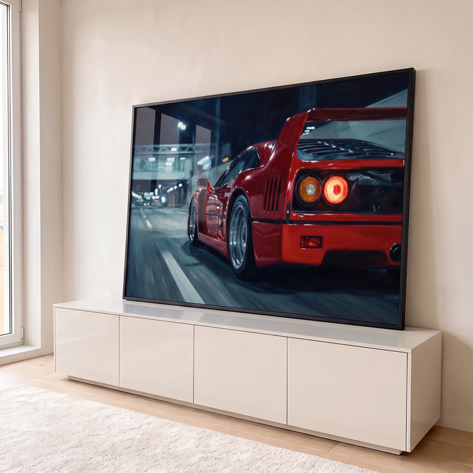 Quadro Decorativo Grande Carro Esportivo para Sala Vermelho | quadros decorativos para sala | carro esportivo vermelho em cena noturna urbana com faróis acesos | em Quadros para Sala | Porao dos Quadros