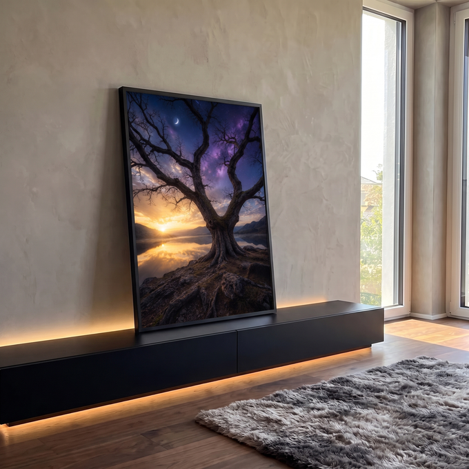 Quadro Decorativo Grande Árvore o Pôr do Sol para Sala Preto | quadros decorativos para sala | árvore silhueta entre pôr do sol dourado e céu estrelado roxo com lua crescente | em Quadros para Sala | Porao dos Quadros