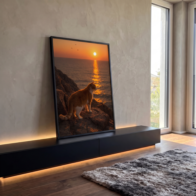 Gato laranja e branco sobre rochas diante do pôr do sol no mar com reflexo dourado, quadro decorativo
