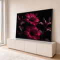 Quadro Decorativo Grande Hibisco para Sala Vermelho | quadros decorativos para sala | duas flores de hibisco vermelho escuro com estames visíveis sobre fundo preto | em Quadros para Sala | Porao dos Quadros