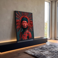 Quadro Decorativo Mulher Tribal com Pintura Vermelha e Penas | quadros decorativos para sala | mulher com pintura corporal vermelha e traços tribais pretos, coroa de penas vermelhas | em Quadros para Sala | Porao dos Quadros