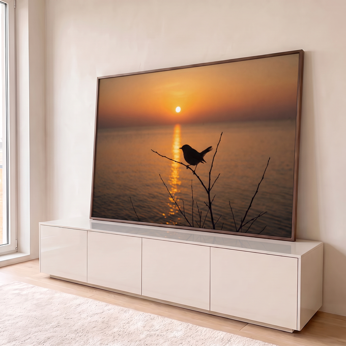 Quadro Decorativo Grande Pássaro em Silhueta Mar para Sala | quadros decorativos para sala | pássaro em silhueta sobre galho com pôr do sol e mar ao fundo | em Quadros para Sala | Porao dos Quadros