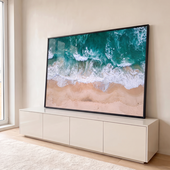 Quadro Decorativo Grande Vista Aérea do Mar para Sala Verde | quadros decorativos para sala | vista aérea de ondas turquesa quebrando na areia bege da praia | em Quadros para Sala | Porao dos Quadros
