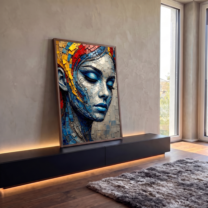 Rosto feminino de olhos fechados em mosaico azul e cinza, cabelo vermelho e amarelo, quadro decorativo
