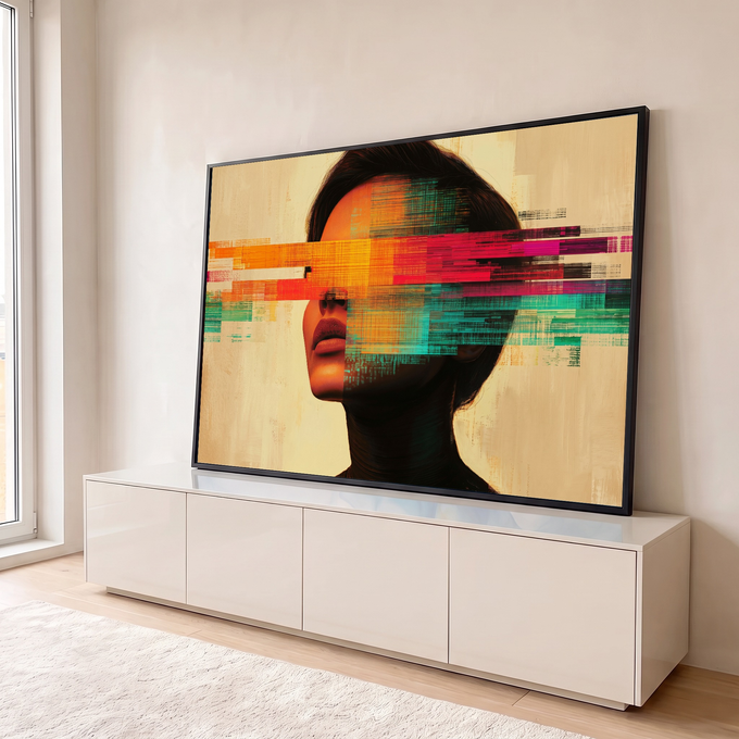 Rosto de mulher com faixas glitch laranja, magenta e verde-água sobre fundo bege, quadro decorativo