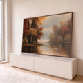 Quadro Decorativo Floresta de Outono à Beira do Lago | quadros decorativos para sala | floresta de outono em tons vermelhos e dourados refletida num lago calmo com névoa | em Quadros para Sala | Porao dos Quadros