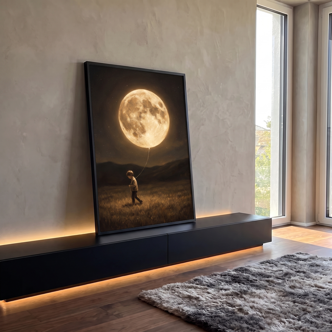 Menino caminhando em campo segurando a lua cheia como balão sob céu estrelado, quadro decorativo