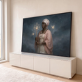 Orixá Ewá de turbante rosa com cajado de cristal sob céu estrelado com borboletas, quadro decorativo