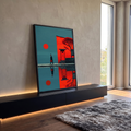 Homem de chapéu com maleta vermelha, casa e sol vermelhos refletidos na água azul, quadro decorativo