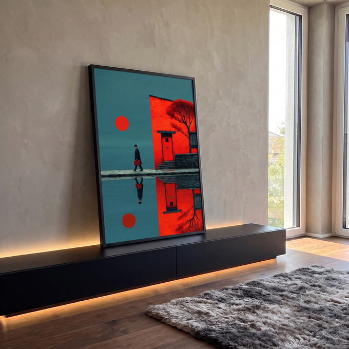Homem de chapéu com maleta vermelha, casa e sol vermelhos refletidos na água azul, quadro decorativo