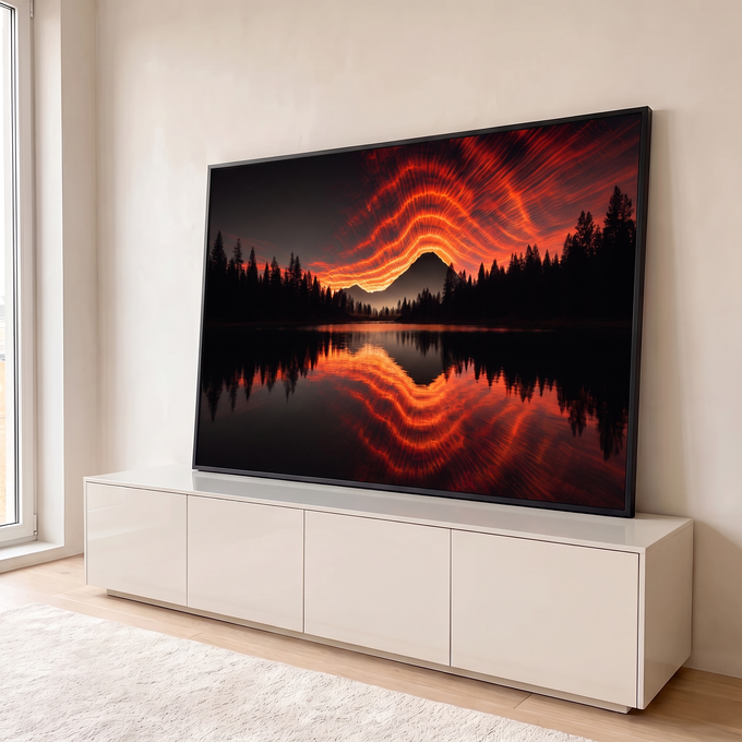 Quadro Decorativo Grande Céu em Chamas para Sala Vermelho | quadros decorativos para sala | céu em ondas vermelhas e laranjas refletido em lago com montanha e pinheiros em silhueta | em Quadros para Sala | Porao dos Quadros
