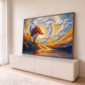 Quadro Decorativo Grande Árvore Solitária para Sala Dourado | quadros decorativos para sala | árvore de folhas vermelhas e azuis sob céu dourado em espiral, refletida na água | em Quadros para Sala | Porao dos Quadros