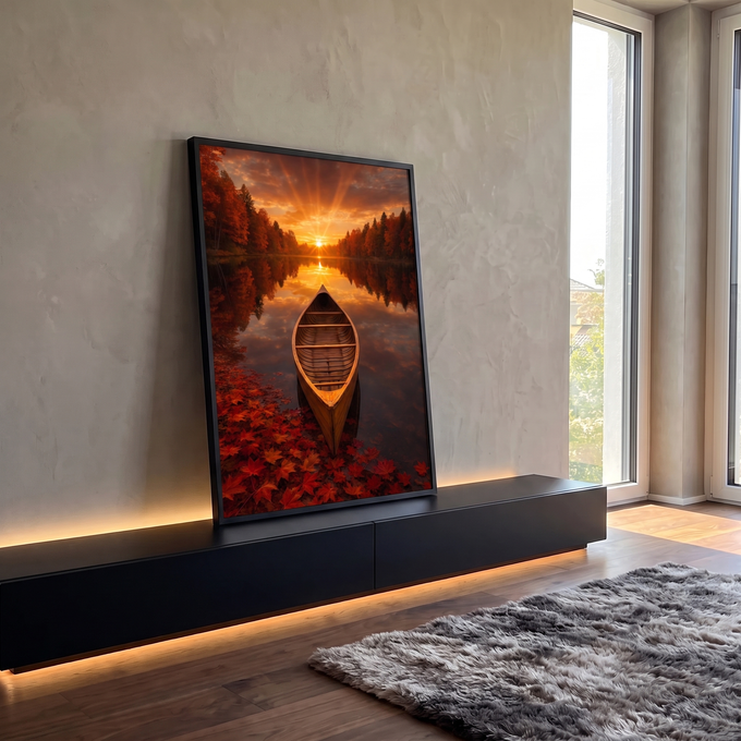 Canoa de madeira em lago calmo com reflexo do pôr do sol e folhas vermelhas de outono, quadro decorativo