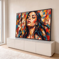 Rosto de mulher de olhos fechados e cabelos pretos em pinceladas coloridas de espátula, quadro decorativo