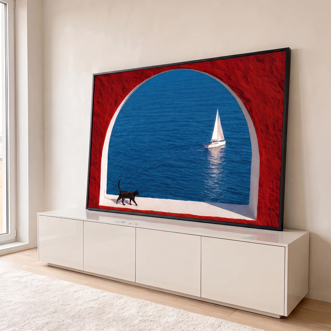 Quadro Decorativo Grande Gato Preto para Sala Vermelho | quadros decorativos para sala | gato preto caminhando em janela arqueada vermelha com veleiro navegando no mar azul | em Quadros para Sala | Porao dos Quadros