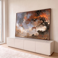 Quadro Decorativo Árvore Outonal com Cachoeira e Pagode | quadros decorativos para sala | árvore de folhas laranja sobre paisagem montanhosa com cachoeira e pagode oriental | em Quadros para Sala | Porao dos Quadros