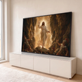 Quadro Decorativo Grande Ressurreição de Cristo para Sala | quadros decorativos para sala | Jesus Cristo em túnica branca emergindo em luz dourada entre soldados romanos numa caverna | em Quadros para Sala | Porao dos Quadros