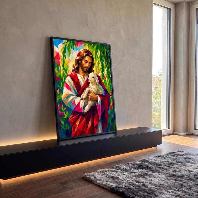 Quadro Decorativo Grande Jesus Pastor Vermelho para Sala | quadros decorativos para sala | Jesus com cabelo longo segurando um cordeiro branco, em estilo geométrico colorido | em Quadros para Sala | Porao dos Quadros
