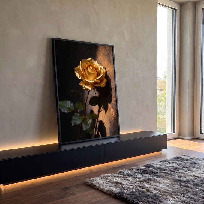 Rosa dourada com gotas de orvalho e sombra em parede texturizada sobre fundo escuro, quadro decorativo