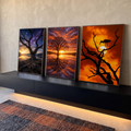 Quadro Decorativo Kit 3 Telas Árvores e Pôr do Sol para Sala | quadros decorativos para sala | três painéis com árvores em silhueta sob céu noturno estrelado e pôr do sol laranja | em Quadros para Sala | Porao dos Quadros