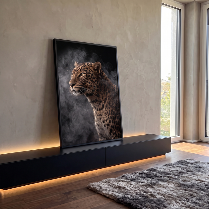 Leopardo de perfil com olhos âmbar envolto em fumaça cinza sobre fundo preto, quadro decorativo