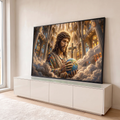 Jesus com coroa de espinhos segura o globo em catedral com vitrais, cruz e nuvens douradas, quadro decorativo