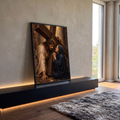 Quadro Decorativo Grande Jesus Carregando para Sala Marrom | quadros decorativos para sala | Jesus com coroa de espinhos encostado na cruz ao lado de mulher em manto azul orando | em Quadros para Sala | Porao dos Quadros