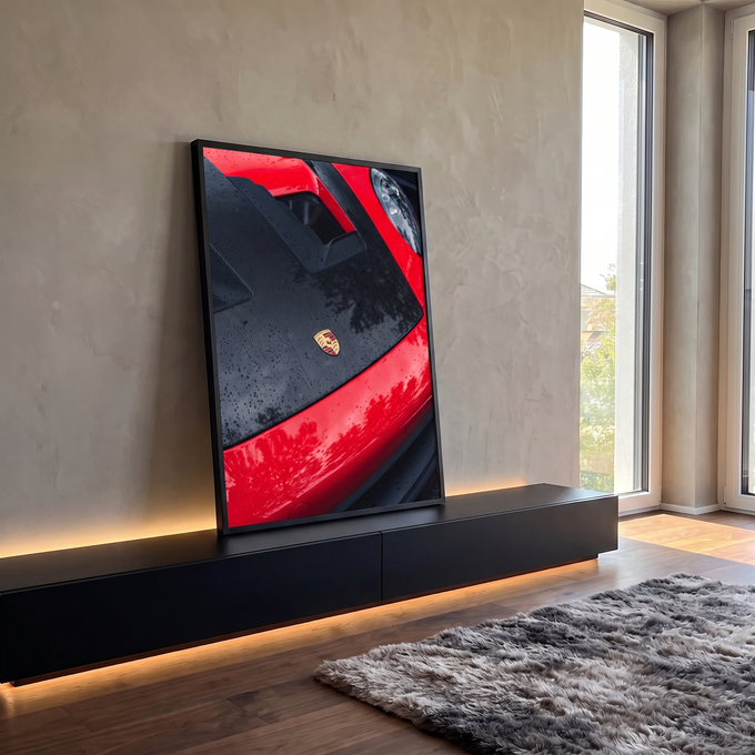 Capô de Porsche vermelho com fibra de carbono, emblema dourado e gotas de chuva, quadro decorativo