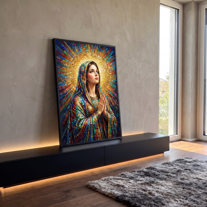Nossa Senhora em oração em mosaico colorido com halo dourado e manto de pastilhas, quadro decorativo