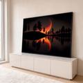 Quadro Decorativo Grande Lua com Rastros de Luz para Sala | quadros decorativos para sala | lua gigante com rastros de luz laranja sobre árvores silhuetadas refletidas no lago | em Quadros para Sala | Porao dos Quadros