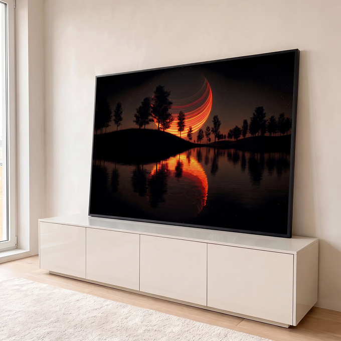 Quadro Decorativo Grande Lua com Rastros de Luz para Sala | quadros decorativos para sala | lua gigante com rastros de luz laranja sobre árvores silhuetadas refletidas no lago | em Quadros para Sala | Porao dos Quadros