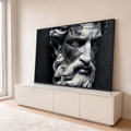 Busto de deus grego barbudo em mosaico com rachaduras douradas kintsugi e fundo preto, quadro decorativo