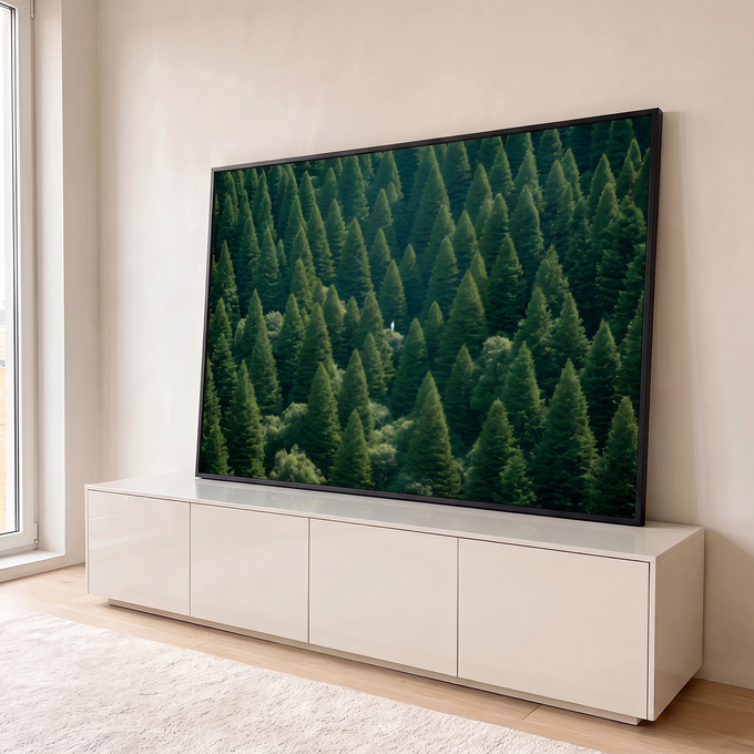 Quadro Decorativo Grande Floresta de Pinheiros para Sala | quadros decorativos para sala | vista aérea de floresta densa de pinheiros verdes com pequena figura solitária de branco | em Quadros para Sala | Porao dos Quadros