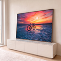 Quadro Decorativo Grande Bicicleta para Sala Rosa | quadros decorativos para sala | bicicleta sobre deserto de sal refletido com pôr do sol rosa e laranja ao fundo | em Quadros para Sala | Porao dos Quadros