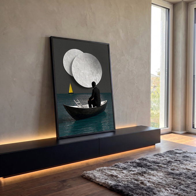 Quadro Decorativo Grande Figura em Barco para Sala Preto | quadros decorativos para sala | figura encapuzada em barco preto observando duas luas brancas texturizadas no céu | em Quadros para Sala | Porao dos Quadros