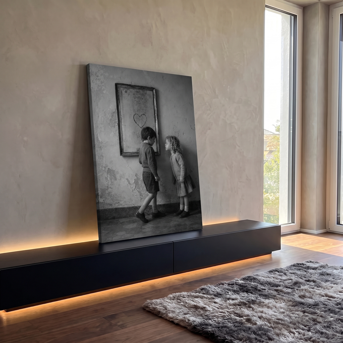 Menino e menina em foto preto e branco diante de espelho antigo com coração desenhado, quadro decorativo