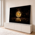 Quadro Decorativo Grande Moeda de Bitcoin para Escritório | quadros decorativos para sala | moeda de Bitcoin dourada sobre placa de circuito eletrônico iluminada | em Quadros para Escritório | Porao dos Quadros