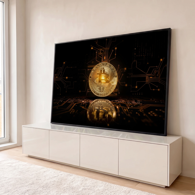 Quadro Decorativo Grande Moeda de Bitcoin para Escritório | quadros decorativos para sala | moeda de Bitcoin dourada sobre placa de circuito eletrônico iluminada | em Quadros para Escritório | Porao dos Quadros