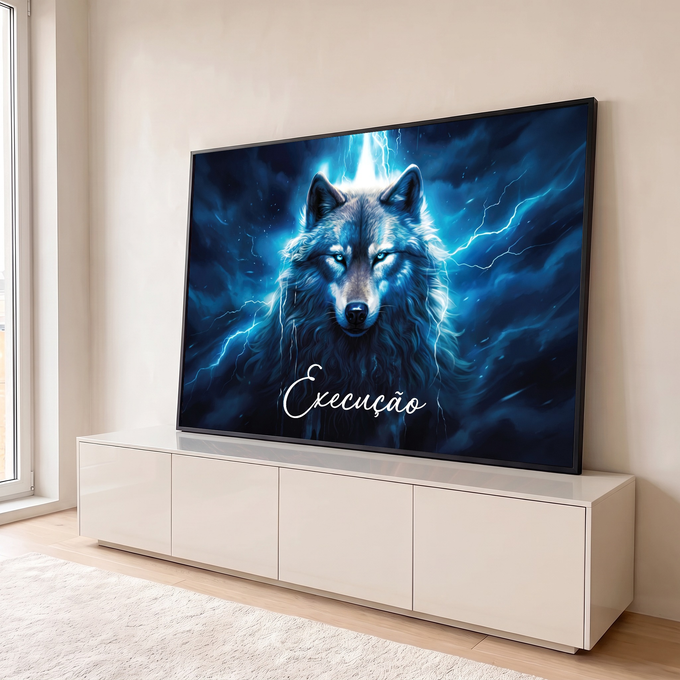 Quadro Decorativo Grande Lobo de Olhos Azuis para Sala Azul | quadros decorativos para sala | lobo de olhos azuis entre relâmpagos num céu noturno escuro | em Quadros para Sala | Porao dos Quadros