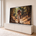 Quadro Decorativo Grande Jesus Bom Pastor para Sala Marrom | quadros decorativos para sala | homem de túnica branca carrega ovelha nos ombros em trilha arborizada | em Quadros para Sala | Porao dos Quadros