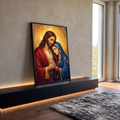 Quadro Decorativo Grande Jesus e Maria Abraçados para Sala | quadros decorativos para sala | Jesus e Nossa Senhora abraçados em fundo dourado estilo vitral | em Quadros para Sala | Porao dos Quadros
