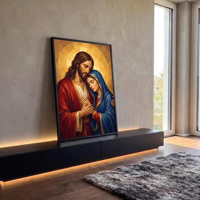 Quadro Decorativo Grande Jesus e Maria Abraçados para Sala | quadros decorativos para sala | Jesus e Nossa Senhora abraçados em fundo dourado estilo vitral | em Quadros para Sala | Porao dos Quadros