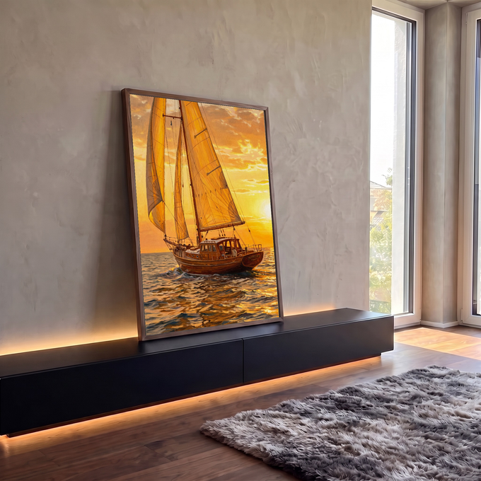 Quadro Decorativo Grande Veleiro de Madeira para Sala | quadros decorativos para sala | veleiro de madeira navegando sob céu alaranjado de pôr do sol | em Quadros para Sala | Porao dos Quadros