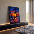 Quadro Decorativo Grande Árvore Silhueta para Sala Laranja | quadros decorativos para sala | árvore em silhueta contra pôr do sol laranja e céu estrelado sobre o mar | em Quadros para Sala | Porao dos Quadros