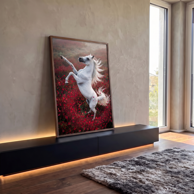 Cavalo branco empinado com crina ao vento em campo de papoulas vermelhas, quadro decorativo