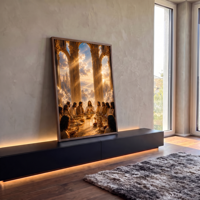Quadro Decorativo Grande Santa Ceia Dourado para Sala | quadros decorativos para sala | Jesus e apóstolos à mesa dourada sob arcos celestiais com céu de nuvens | em Quadros para Sala | Porao dos Quadros