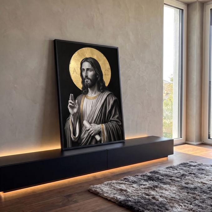 Quadro Decorativo Grande Jesus Auréola Dourada para Sala | quadros decorativos para sala | retrato de Jesus Cristo em tons de cinza com auréola dourada e símbolos Alfa e Ômega | em Quadros para Sala | Porao dos Quadros