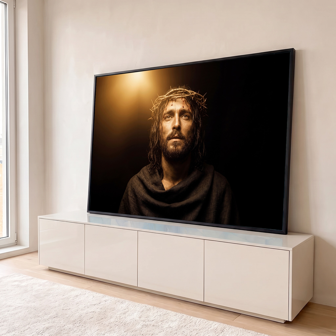 Jesus com coroa de espinhos e manto escuro olhando para luz dourada em fundo preto, quadro decorativo